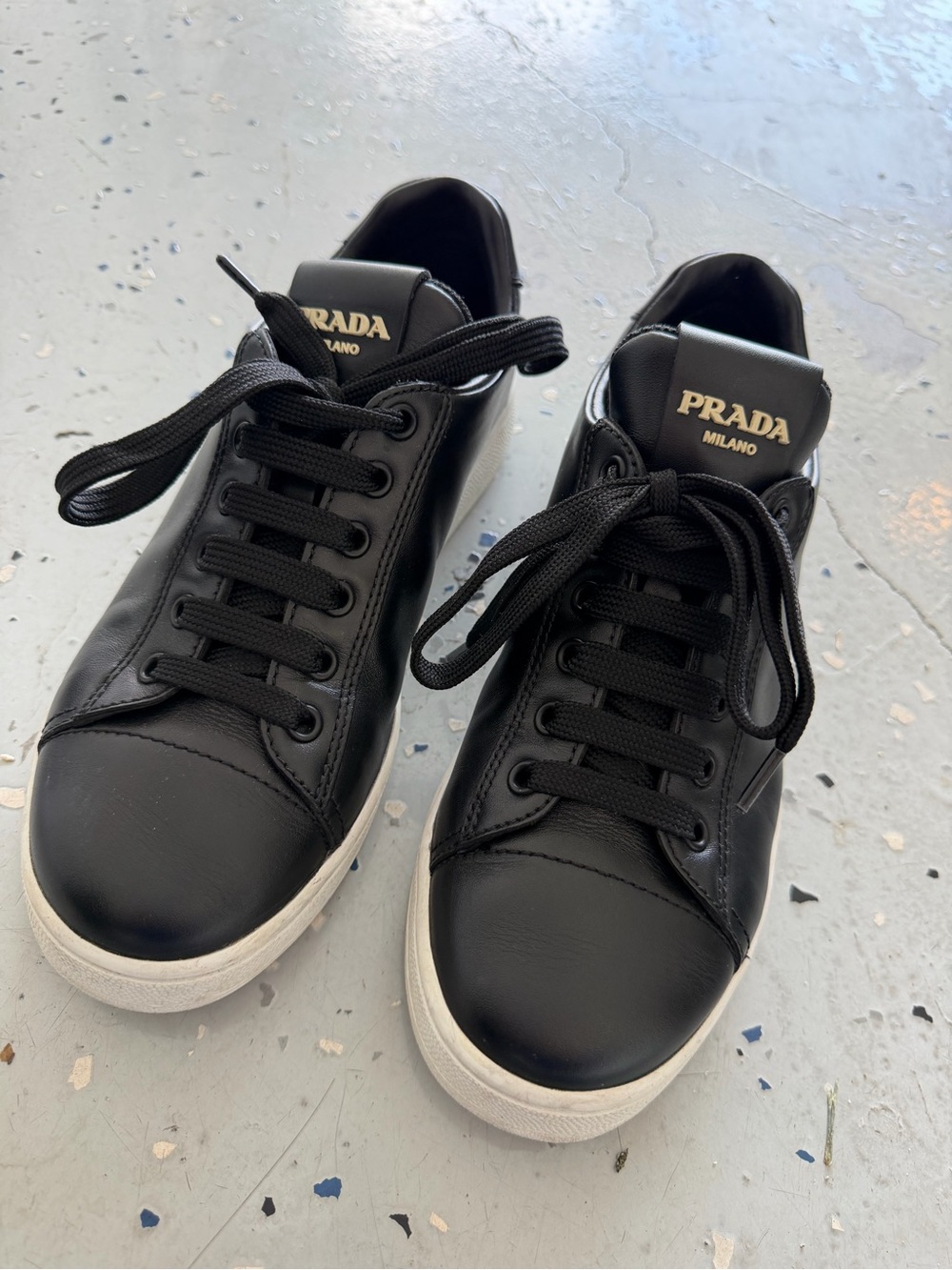 Prada Black Leather Low-Top Sneakers with White Sole